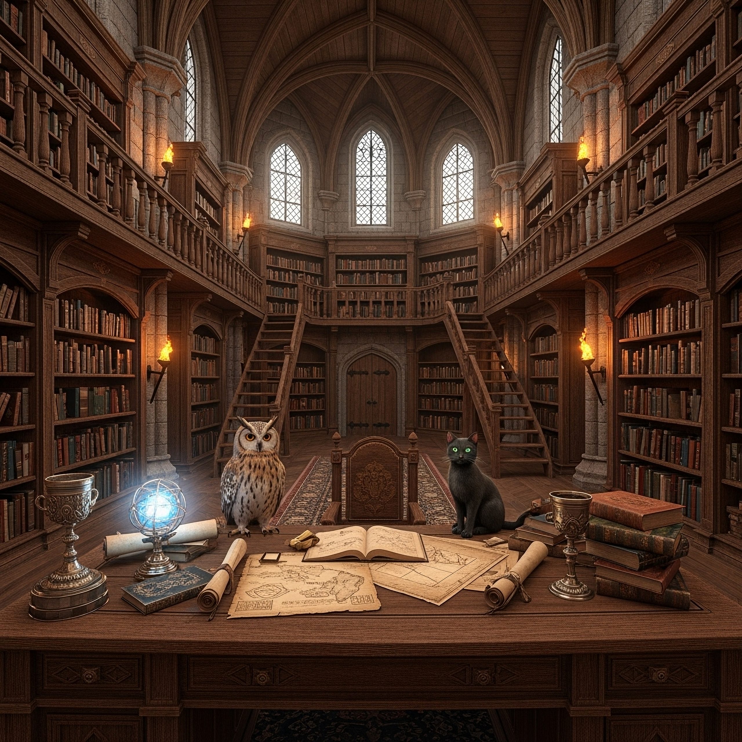 castle,medieval,library,,bookshelfs,,desk,with,ancient,scrolls,,fantasy,maps,